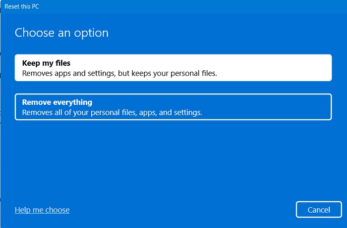 Búsqueda atascada de Windows11 Restablecer PC Conservar mis archivos