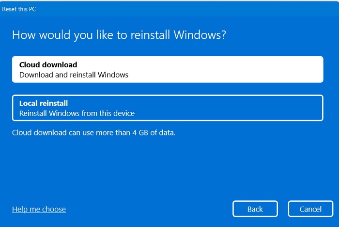 Windows11 Búsqueda atascada Restablecer PC Descarga en la nube