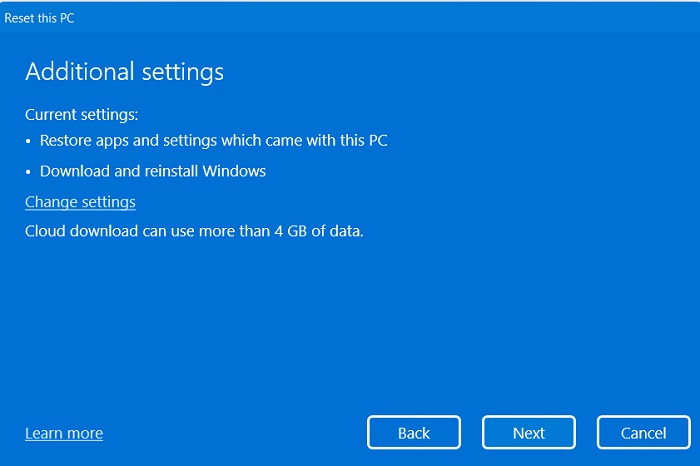 Búsqueda atascada de Windows11 Restablecer configuración adicional de PC