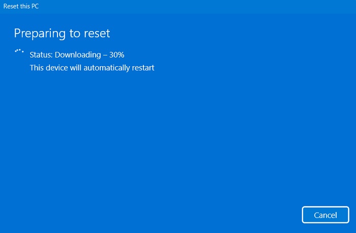 Búsqueda atascada de Windows 11 Restablecer PC Preparándose para restablecer