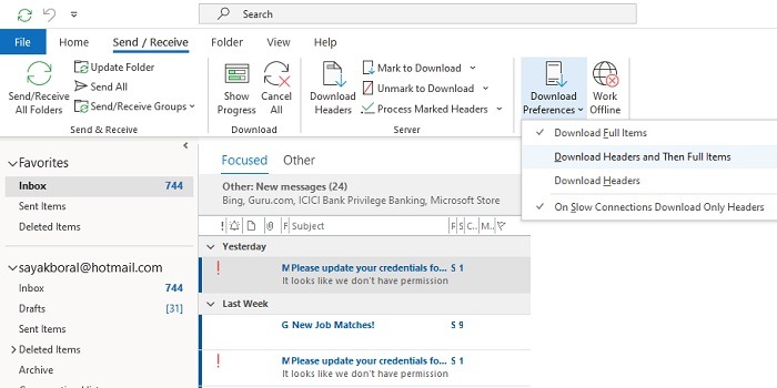 Preferencias de descarga de problemas de Outlook 1