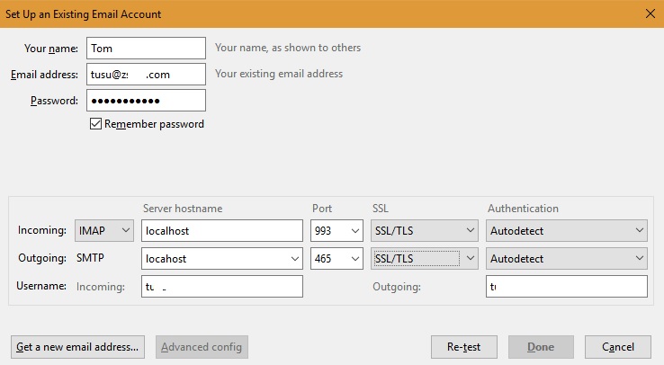 Configuración de host local de Thunderbird