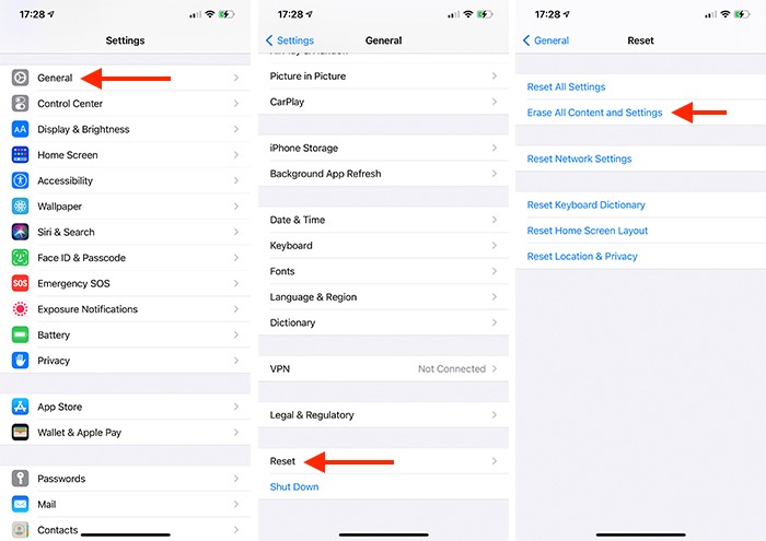 Pasos de restablecimiento de fábrica de iPhone en iOS