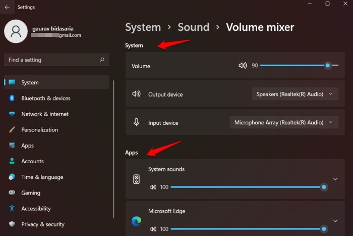 Menú del mezclador de volumen de Windows 11