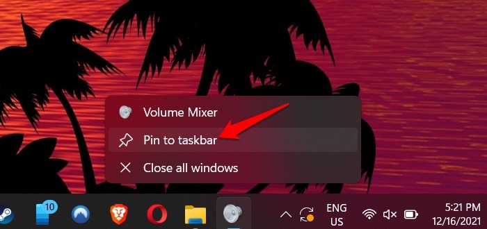 Barra de tareas del mezclador de volumen de Windows de 11 pines