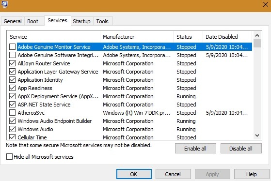 Windows Slowboot Sysconfig Seleccionar todos los servicios