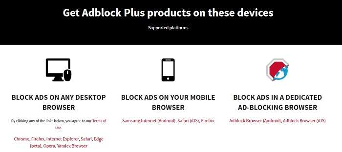 Plataformas de navegadores compatibles con Adblock Plus