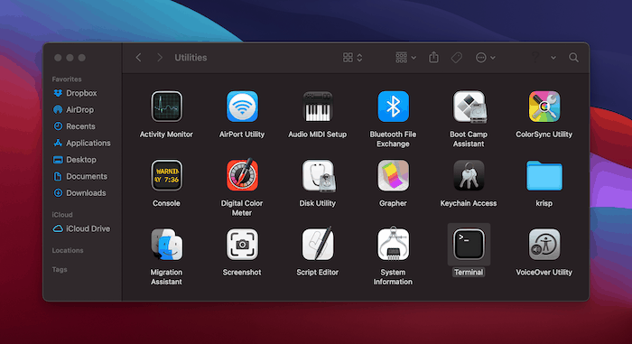 La aplicación Terminal en la carpeta Utilidades.