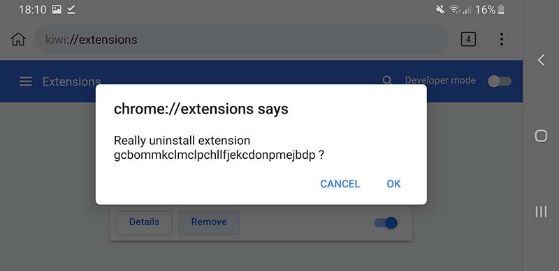 Extensiones móviles de Chrome Quitar extensiones