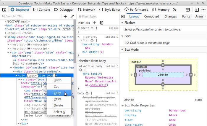 Sitio de edición en vivo con el selector de copias de Firefox