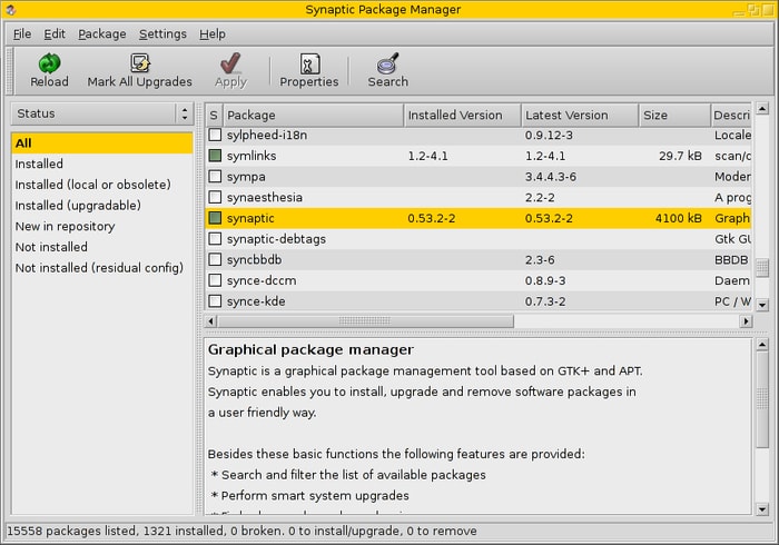 Herramientas de limpieza del sistema Linux Synaptic