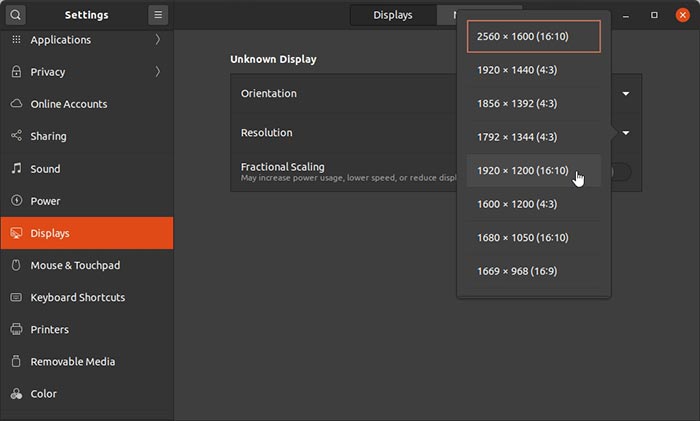 Cambiar el menú desplegable Resoluciones de Ubuntu