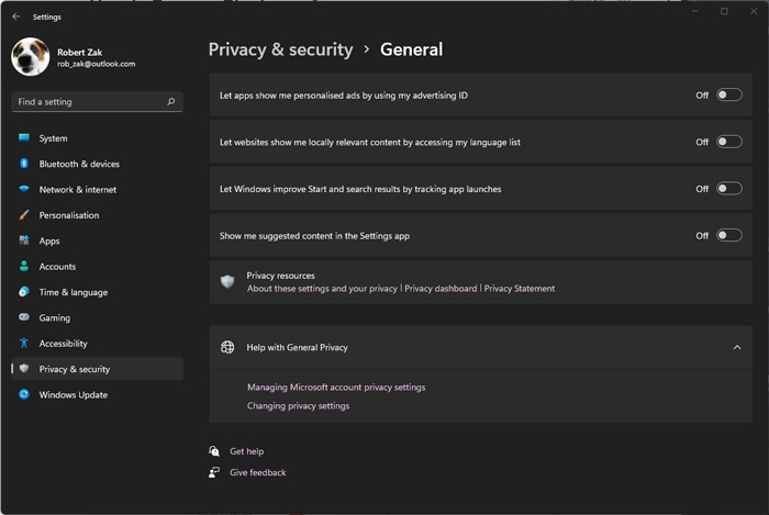 Eliminar la configuración de privacidad de Bloatware Windows 11