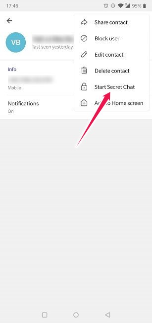 Cómo enviar mensajes que desaparecen Android Telegram Iniciar chat secreto