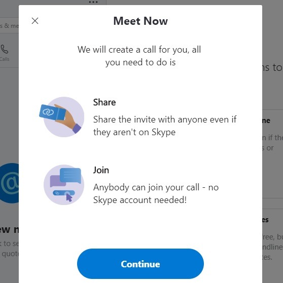 Skype Reunirse ahora Continuar