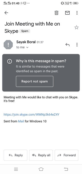 Solicitud de correo electrónico para reunirse ahora de Skype