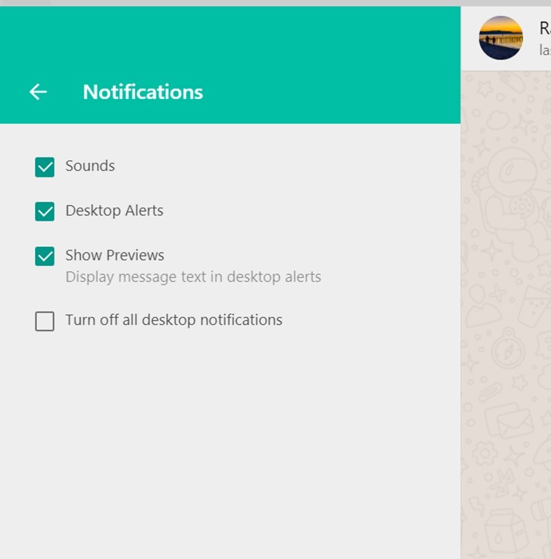 WhatsApp ofrece varias opciones para deshabilitar las notificaciones web para facilitarle la vida.  Puede deshabilitar el sonido, las alertas de escritorio, las vistas previas o deshabilitar completamente las notificaciones.  Para personalizar sus notificaciones, vaya a 