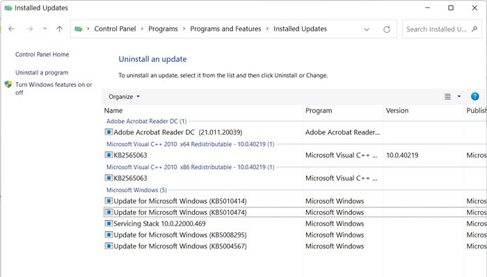 La barra de tareas de Windows 11 no funciona Desinstalar actualización de seguridad