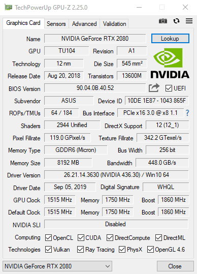 Información de la tarjeta gráfica Gpu Z