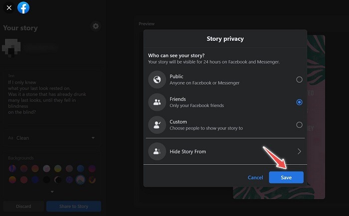 Preferencias de privacidad de escritorio de Facebook Stories