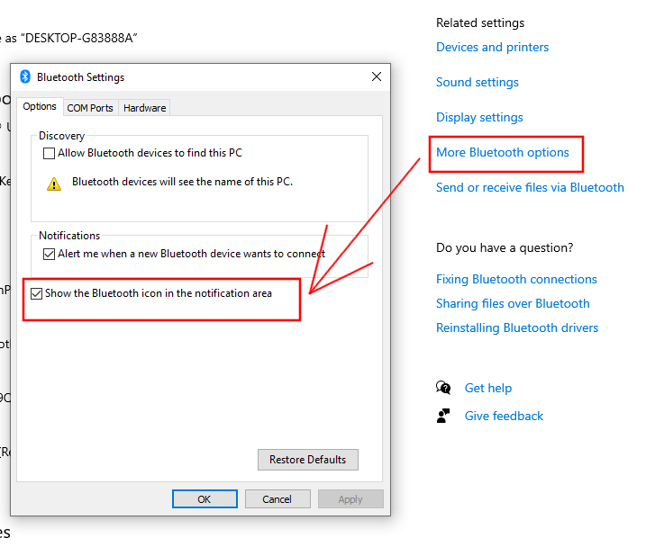 Configuración de Windows Área de notificación de Bluetooth