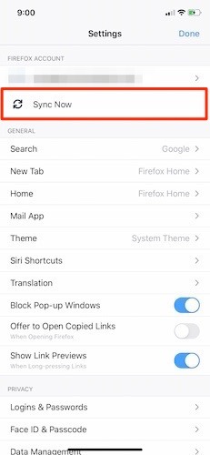 Configuración favorita del navegador iOS de Firefox