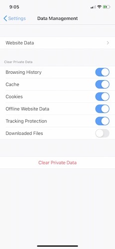 Gestión de datos del navegador favorito de Firefox iOS