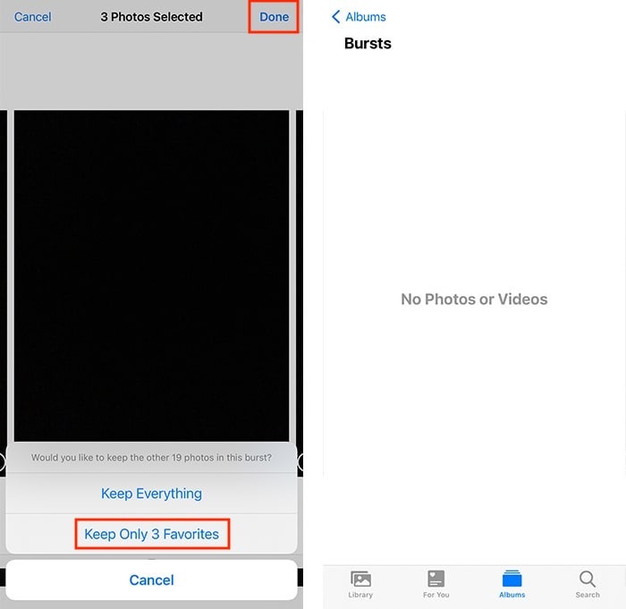 Eliminación de fotos en ráfaga Cuadro de diálogo de confirmación de iPhone