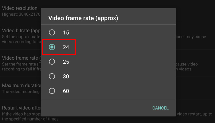 velocidad de fotogramas de la película Android