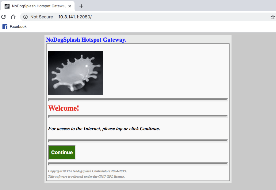 Si se conecta a su punto de acceso Wi-Fi, debería ver el portal cautivo predeterminado de Nodogsplash.