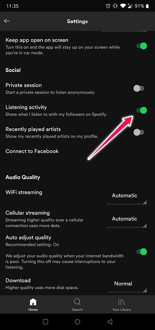 Ocultar la función de apagado móvil de la actividad de escucha de Spotify