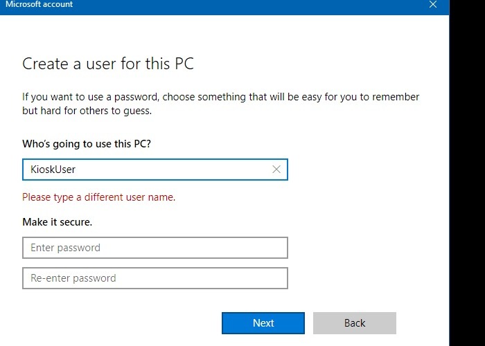 Quiosco de Windows Agregar usuario Crear contraseña de usuario de PC Error