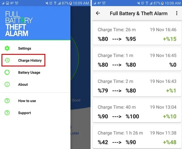 Las mejores aplicaciones de notificación de batería completa Alarma de robo de batería completa Historial de carga