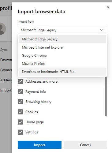 Chrome Bookmarks Edge Importar archivo Html
