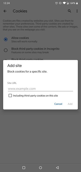 Cómo habilitar las cookies Navegador Android Chrome Agregar excepción