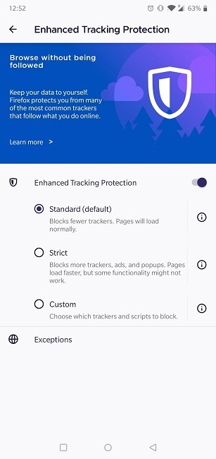 Cómo habilitar las cookies Navegador Android Firefox Opciones de protección de seguimiento mejoradas