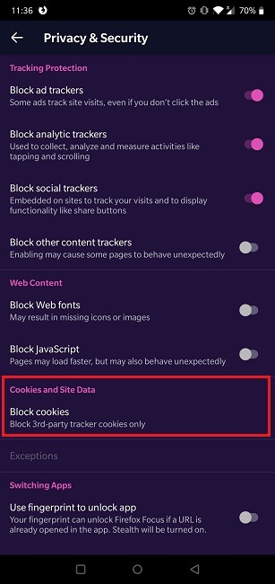 Cómo habilitar las cookies Navegador Android Firefox Focus Cookies y datos del sitio