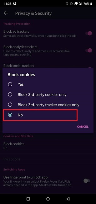 Cómo habilitar las cookies Navegador Android Firefox Focus Cookies habilitadas