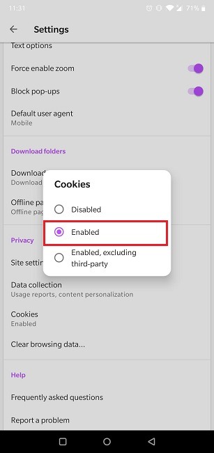 Cómo habilitar las cookies Navegador Android Opera Las cookies están habilitadas