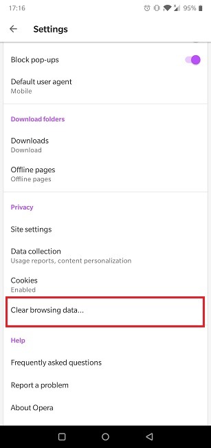 Cómo habilitar las cookies Navegador Android Opera Borrar datos de navegación