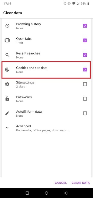 Cómo habilitar las cookies Navegador Android Opera Cookies y datos del sitio