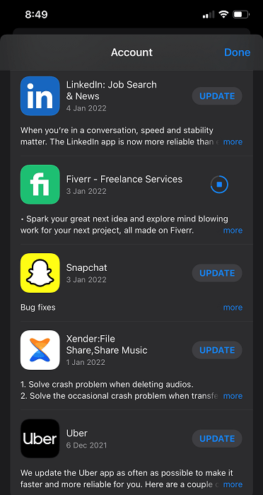Pantalla de actualización de Snapchat Ios