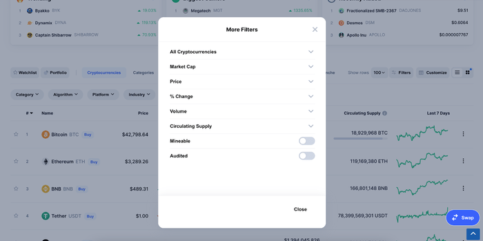 Filtros Coinmarketcap