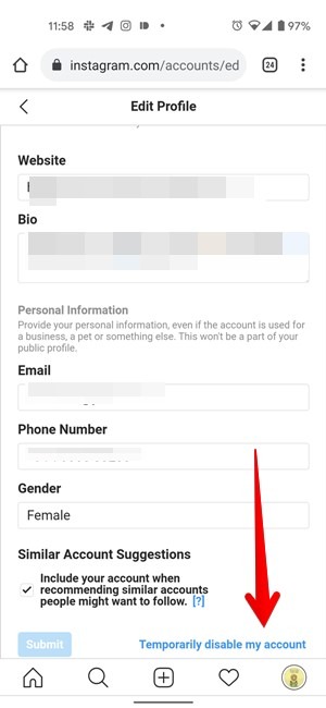 Cuenta de Instagram Deshabilitar móvil temporal
