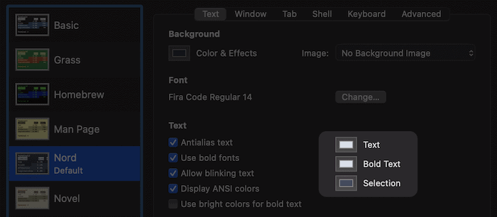 Las opciones de formato de texto dentro de la Terminal.