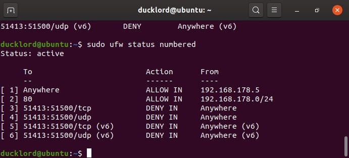 Deshabilitar Habilitar Administrar las reglas de estado del firewall de Ubuntu Numeradas