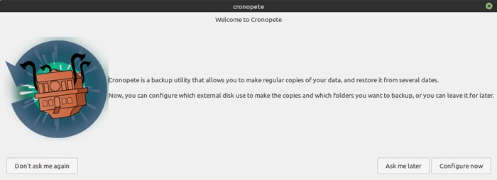 Linux Time Machine Alternatives Asistente de inicio de Cronopete