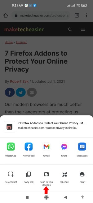 Uso compartido de pestañas de Chrome Presiona Enviar a tus dispositivos