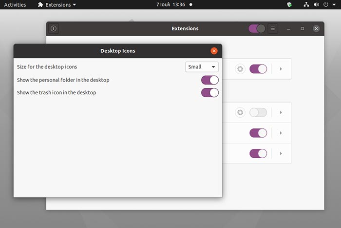 Opciones adicionales en la aplicación de extensiones para ocultar iconos en Ubuntu